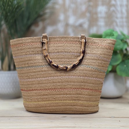 Rattan Multicolour Detail Shopper Bag Handbags Rattan Shopper Bags Gifts For Women Holiday Accessories Multicoloured Fabric Wooden Handles