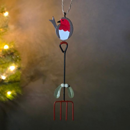 Robin on Garden Fork Hanging Christmas Decoration Robin Sat on Garden Fork with Mistletoe Attached Hanging Christmas Decoration