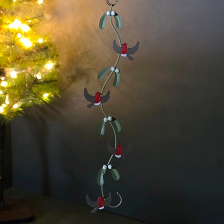Robins on Mistletoe Ribbon Hanging Christmas Decoration Robins On A Long Piece of Hanging Mistletoe Christmas Decoration
