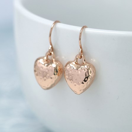 Rose Gold Plated Hammered Heart Drop Earrings Rose Gold Plated Hammered Heart Drop Earrings