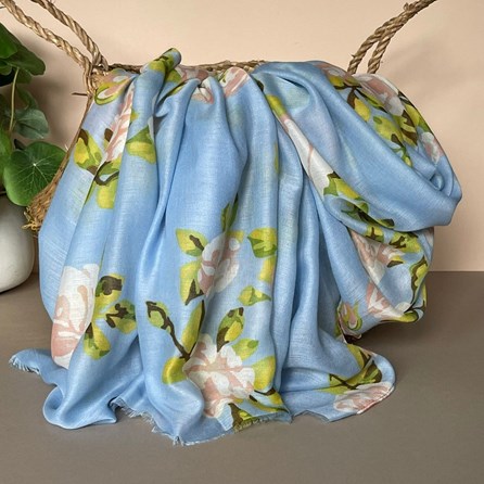 Rose Print Scarf in Sky Blue Gifts For Women Scarves And Accessories Rose Print Scarf in Sky Bluey Bold Elegant Print