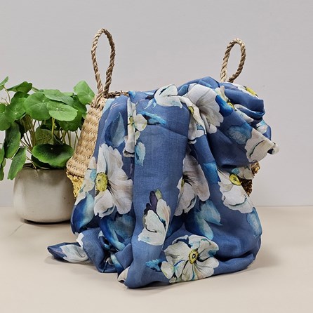 Roses Scarf in Denim Blue Contemporary Scarves Headscarves Spring Lightweight Mother's Day Gifts Birthday Gifts Floral Scarf