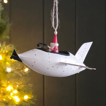Santa in a White Plane Hanging Christmas Decoration Festive Decorations Quirky Novelty Christmas Tree Decoration Metal Hanging Santa Bauble