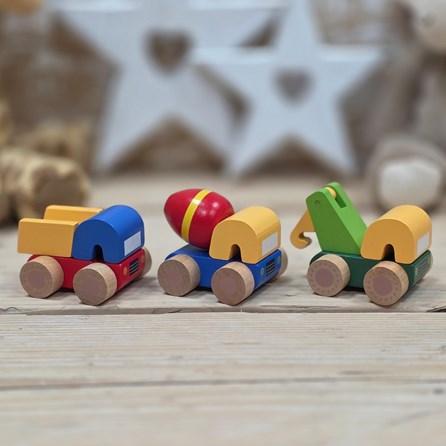 Set of 3 Wooden First Toy Trucks Orange Tree Wooden Gifts For Children Push Along Toy Trucks Bright Colours First Wooden Toy