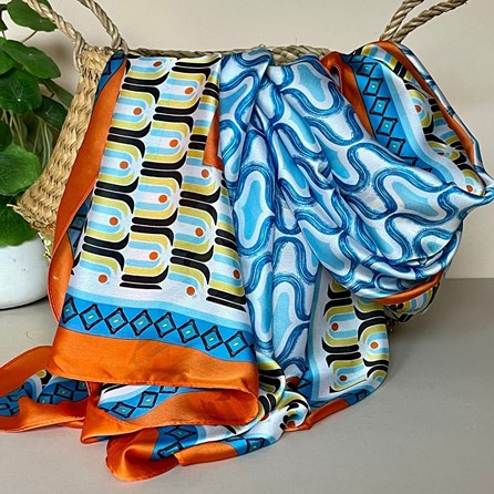 Silky Multicolour Retro Print Scarf with Bright Orange Border Gift For Women Scarves And Accessories Silky Multicolour Retro Print Scarf with Bright Orange Borde