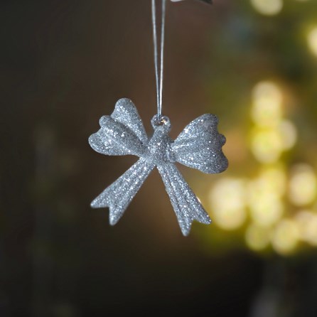 Silver Glitter Glass Bow Hanging Christmas Decoration Silver Glitter Glass Bow Hanging Christmas Decoration