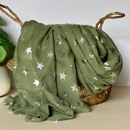 Silver Glitter Stars Scarf in Olive Green Gifts For Women Scarves And Accessories Silver Glitter Star Scarf in Olive Green Soft Elegant
