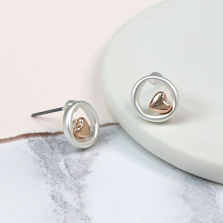 Silver Plated Circle and Rose Gold Heart Stud Earrings Silver Plated Circle and Rose Gold Heart Stud Earrings