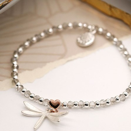 Silver Plated Dragonfly Bracelet with Rose Gold Plated Heart Silver Plated Dragonfly Bracelet with Rose Gold Plated Heart