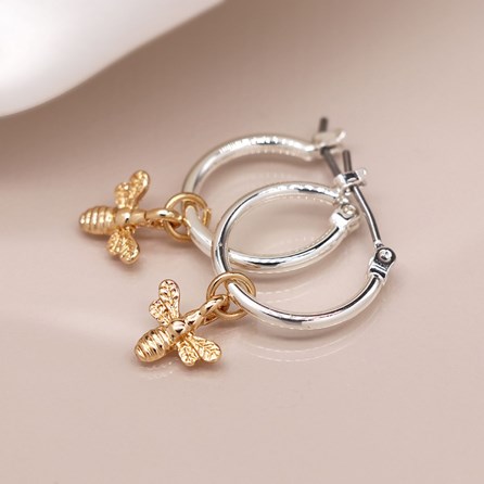 Silver Plated Hoop Earrings with Golden Bee Charm Silver Plated Costume Fashion Jewellery Mother's Day Gifts Hoop Earring with Gold Bee Charm