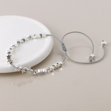 Silver Plated Stars Grey Cord Cracelet Silver Plated Costume Fashion Jewellery Bracelet Grey Star Cord Thread Bracelet