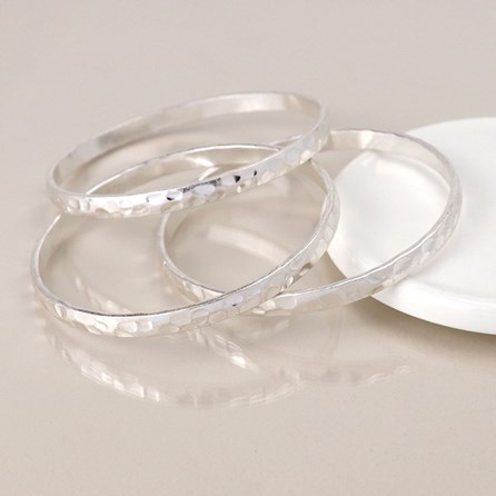 Silver Plated Worn Triple Bangle Set Silver Plated Costume Fashion Jewellery Mother's Day Gifts Set of Three 3 Bangles Hammered