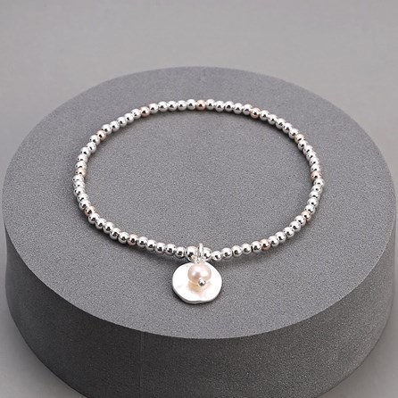 Silver Rose Gold Plate Bracelet Hammered Disc and Pearl Silver Rose Gold Plate Bracelet Hammered Disc and Pearl