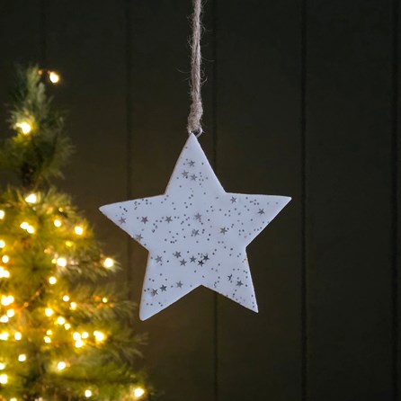 Christmas Tree Decoration Wooden Hanging Star with Stars White Silver Stars