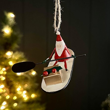 Sitting Santa on a Paddle Board Hanging Decoration Christmas Decorations Festive Decorations Metal Santa Sitting On Paddle Board Shoeless Joe