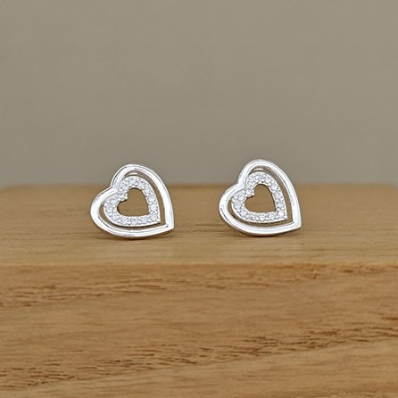 Sterling Silver Double Heart CZ Stud Earrings Bridal Jewellery Bridesmaid Jewellery Wedding Jewellery Flower Girl Maid of Honour Jewellery