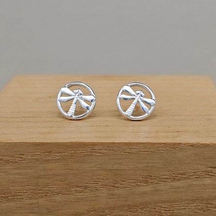 Sterling Silver Dragonfly Within Circle Stud Earrings Sterling Silver Dragonfly Within Circle Stud Earrings
