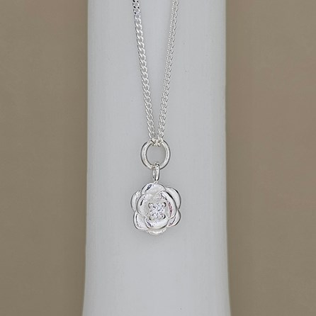Sterling Silver Small Rose With CZ Charm Necklace Sterling Silver Small Rose With CZ Charm Necklace