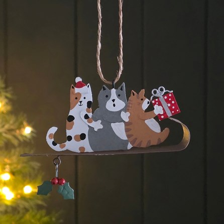 Three Cats on a Sledge Hanging Christmas Decoration Festive Decorations Quirky Novelty Christmas Tree Decoration Metal Hanging Bauble Cat Decoration