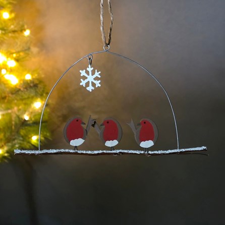 Three Robins on Perch Hanging Christmas Decoration Three Robins Sat on A Wooden Perch with Snowflake Hanging Christmas Decoration