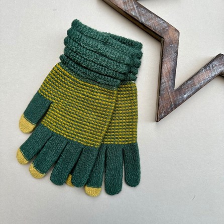 Touchscreen Striped Ribbed Gloves in Green and Ochre Touchscreen Striped Ribbed Gloves in Green and Ochre