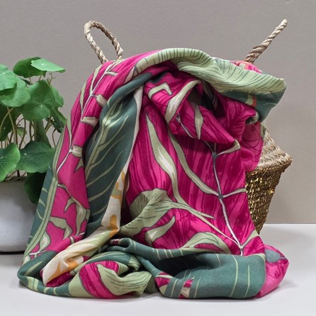 Tropical Leaves & Flowers Print Scarf in Red Contemporary Scarves Super Soft Scarf Headscarves Christmas Gifts Pink Green Leaves Flowers Design