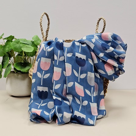 Tulips Scarf in Denim Blue Contemporary Scarves Headscarves Spring Lightweight Mother's Day Gifts Birthday Gifts Floral Scarf