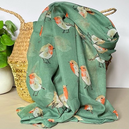 Watercolour Robins Print Scarf in Green Gifts For Women Scarves And Accessories Watercolour Robins Print Scarf in Green