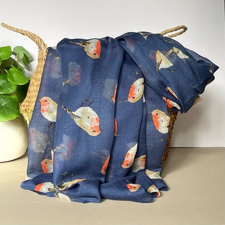 Watercolour Robins Print Scarf in Navy Blue Gifts For Women Scarves And Accessories Watercolour Robins Print Scarf in Navy Blue