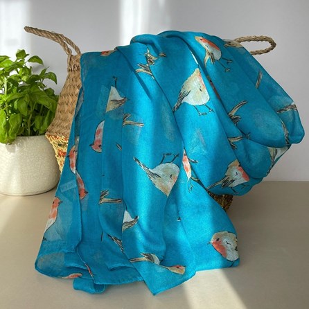 Watercolour Robins Print Scarf in Turquoise Gifts For Women Scarves And Accessories Watercolour Robins Print Scarf in Turquoise