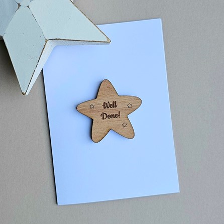'Well Done!' Wooden Star Token and Card Congratulations Greetings Card Wooden Sentiment Token Wooden Keepsake Gift Sentiment Gifts
