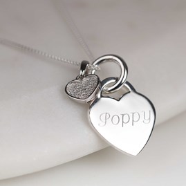 Engraved Silver Heart Necklace With Sparkly Heart