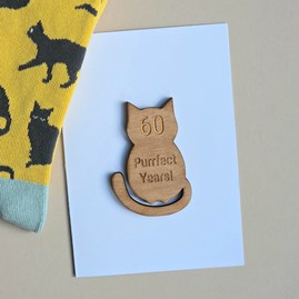 '60 Purrfect Years!' Wooden Cat Token and Birthday Card