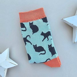 Ladies socks bamboo socks cute cats duck egg one size Bamboo Cute Cats Socks in Duck Egg