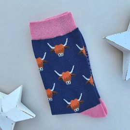 Ladies socks bamboo socks highland cow navy blue one size Bamboo Highland Cows Socks in Navy Blue