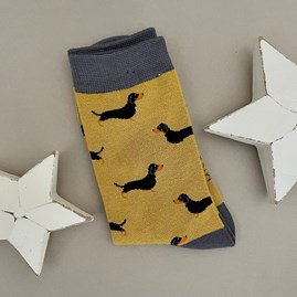 Ladies socks bamboo socks little sausage dogs yellow one size Bamboo Little Sausage Dogs Socks in Yellow