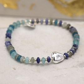 Blue Mix Bead Bracelet with Silver Plated Pebble