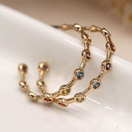 Faux Gold Open Hoop Earrings with Multicolour Crystals