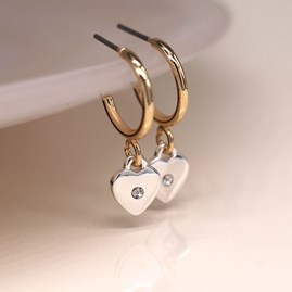Faux Gold Open Hoop Heart Earrings with Mini Crystal
