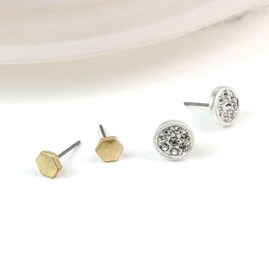Gold Plated Hexagon and Crystal Disc Stud Earrings Set