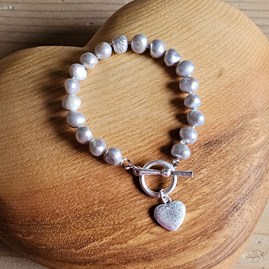 Grey Freshwater Pearl Heart Charm Bracelet
