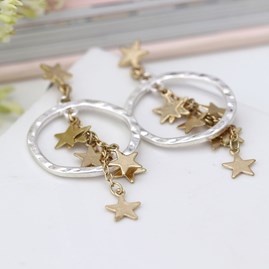 Hammered Hoop With Stars On Chains Earrings