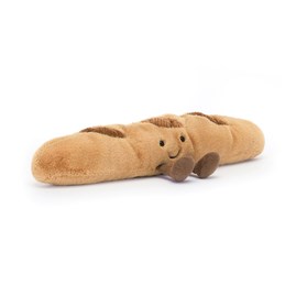 Jellycat Soft Cuddly Food Baguette Long Light Brown with Brown Feet Sitting Jellycat Amuseable Baguette