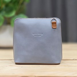 Leather Cross Body Handbag in Light Grey and Tan