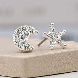 Silver Plated Crystal Star and Moon Stud Earrings