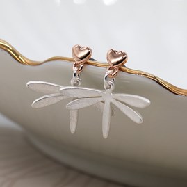 Silver Plated Dragonfly Earrings with Rose Gold Plated Hearts