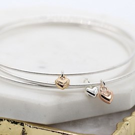 Silver Plated Triple Bangle Set with Mixed Metallic Hearts