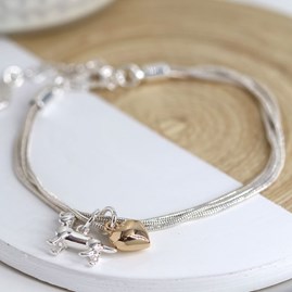 Triple Chain Dachshund Bracelet with Gold Plated Heart