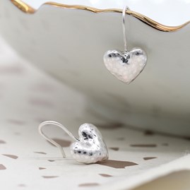 Worn Silver Plated Hammered Heart Hook Earrings