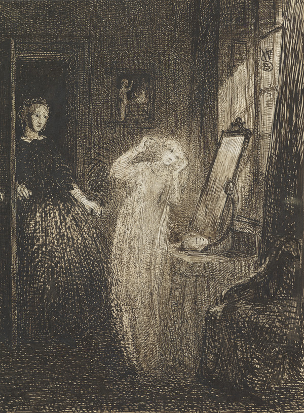 Woman Startled by the Ghost of a Girl by a Mirror by William Bell